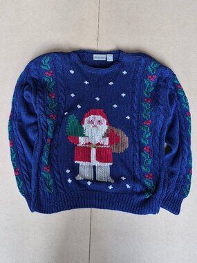 Vintage Nordstrom Point of View Santa Christmas Sweater M Ramie Cotton